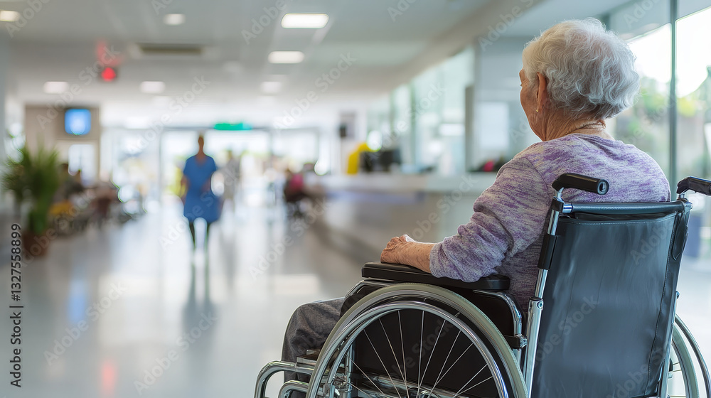 Old person on wheelchair at hospital reception vector illustration. Medicine for old patients. Senior disabled waiting doctor in clinic. Old person on wheelchair at hospital reception vector illustration. Medicine for old patients. Senior disabled waiting doctor in clinic.