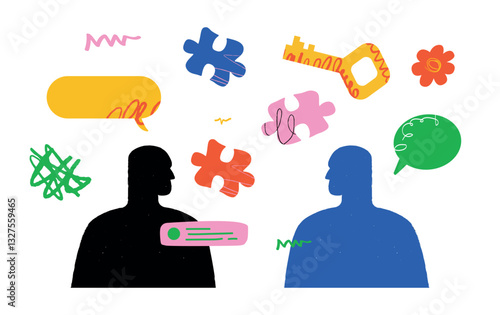 Two human profiles facing each other, with speech bubbles, puzzle pieces, and other shapes above them. A symbol of social interaction, interviews and the search for solutions.
