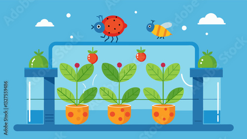The use of beneficial insects such as ladybugs to control pests in the aquaponic system reducing the need for harmful pesticides.. Vector illustration