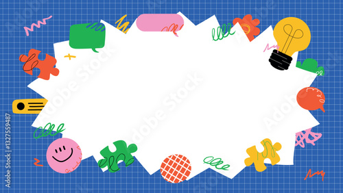 A bright children's background with an empty white space and puzzles, speech bubbles and various shapes around it. Layout for ads, announcements, and notifications.