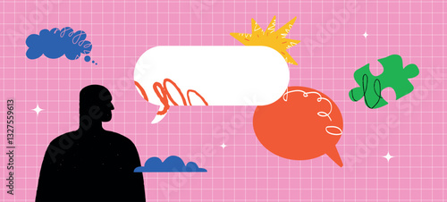 A bright banner with a stylized human and profile and empty speech bubbles and puzzle pieces next to it. A layout for research, thoughts, and announcements on social media, presentations.