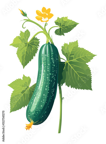 Vector illustration of a cucumber hanging among leaves and shoots.