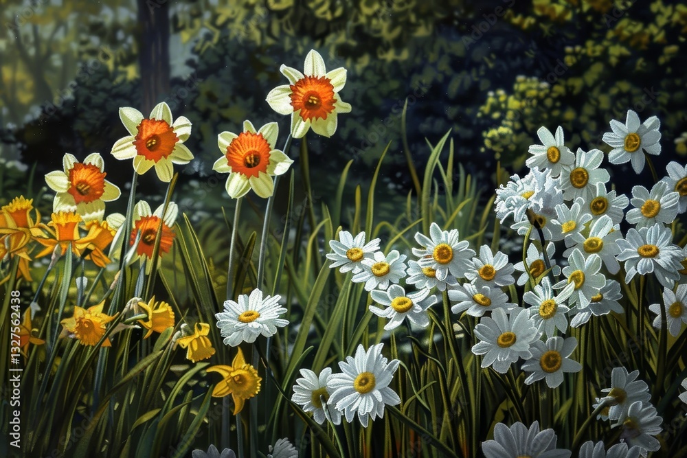A tapestry of vibrant daisies and daffodils in full bloom, showcasing the beauty of spring in a sunny meadow, a tapestry of daisies and daffodils in full bloom A tapestry of vibrant daisies and daffodils in full bloom, showcasing the beauty of spring in a sunny meadow, a tapestry of daisies and daffodils in full bloom