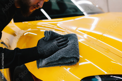 Tableau sur toile Cleaner worker dry body car using microfiber after washing automobile