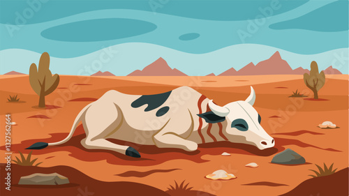 The remains of a cow picked clean by scavengers lie in the dusty field a grim reminder of the dire consequences of prolonged drought on livestock.. Vector illustration