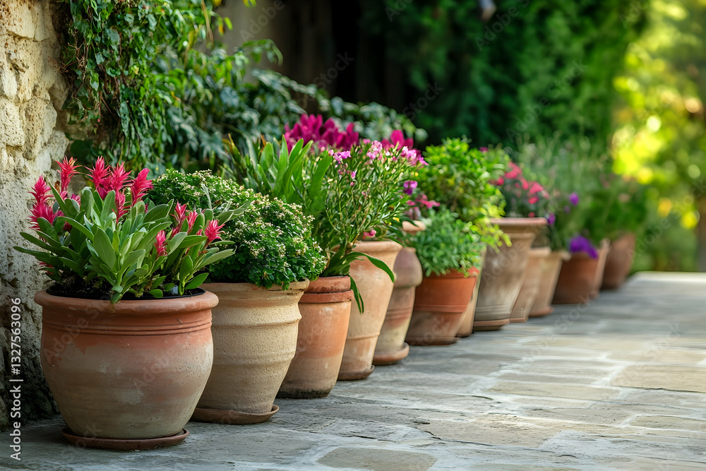 Row of Potted Plants with Varied Sizes and Shapes Row of Potted Plants with Varied Sizes and Shapes