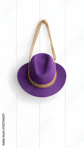 Purple hat with beige rope