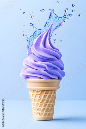 Purple ice cream cone with water splash