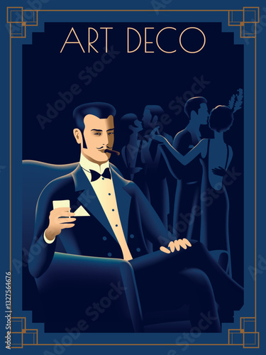 Gentleman in a chair in a suit in the style of the early 20th century. Invitation card for a retro party. Handmade drawing vector illustration. Art Deco style.