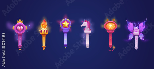 Set of magic staffs in cartoon style. Magic wand, rod or scepter for a young sorceress or princess. Magic item, staff icon, royal attributes. Light and visual effects, charms and spells. Vector kit.