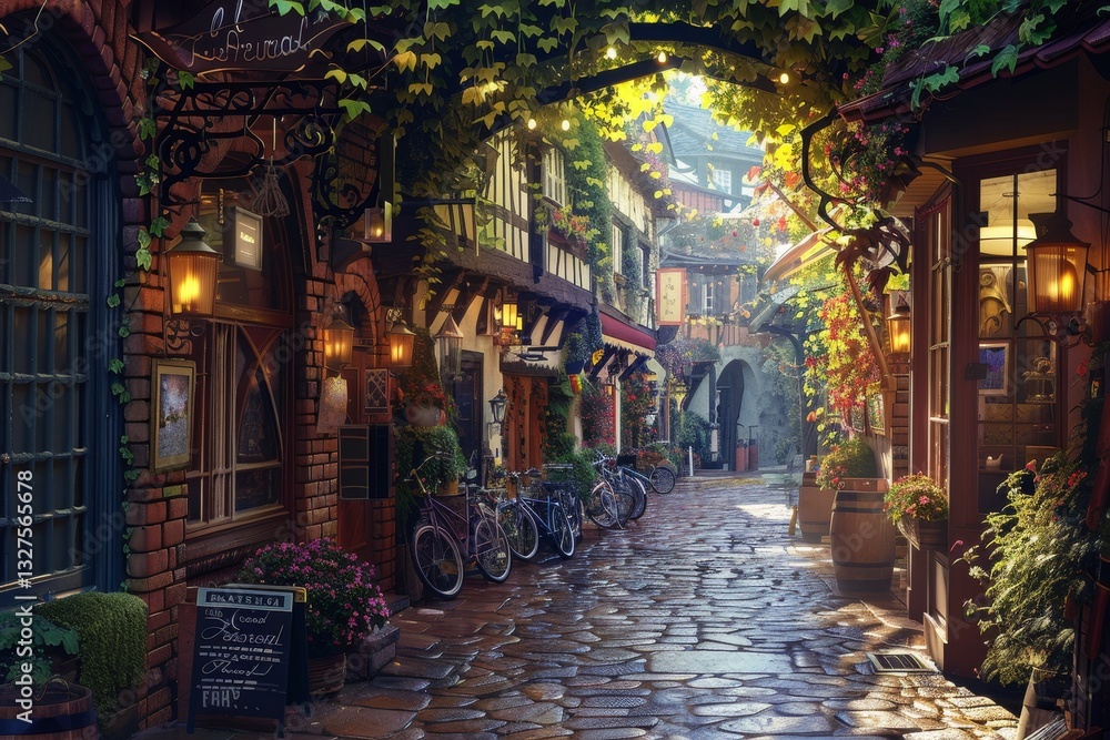 Fototapeta premium A narrow cobblestone alleyway lined with charming shops and cafes, bathed in warm sunlight, Draw a cozy, cobblestone alleyway lined with quaint shops and cafes