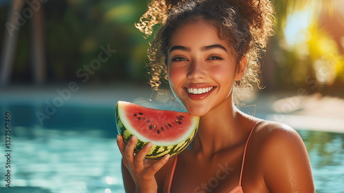 Smiling girl with watermelon by the pool. Summer vibes! Joyful woman enjoying a juicy watermelon treat outdoors. Happy, sun-kissed girl with a refreshing watermelon slice.