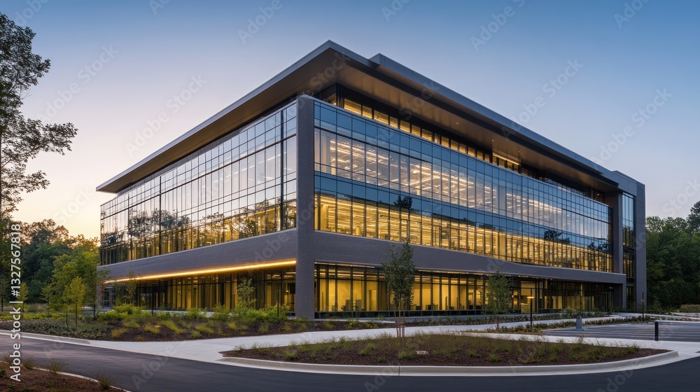 Modern Glass Office Building at Dusk Surrounded by Landscaping Modern Glass Office Building at Dusk Surrounded by Landscaping