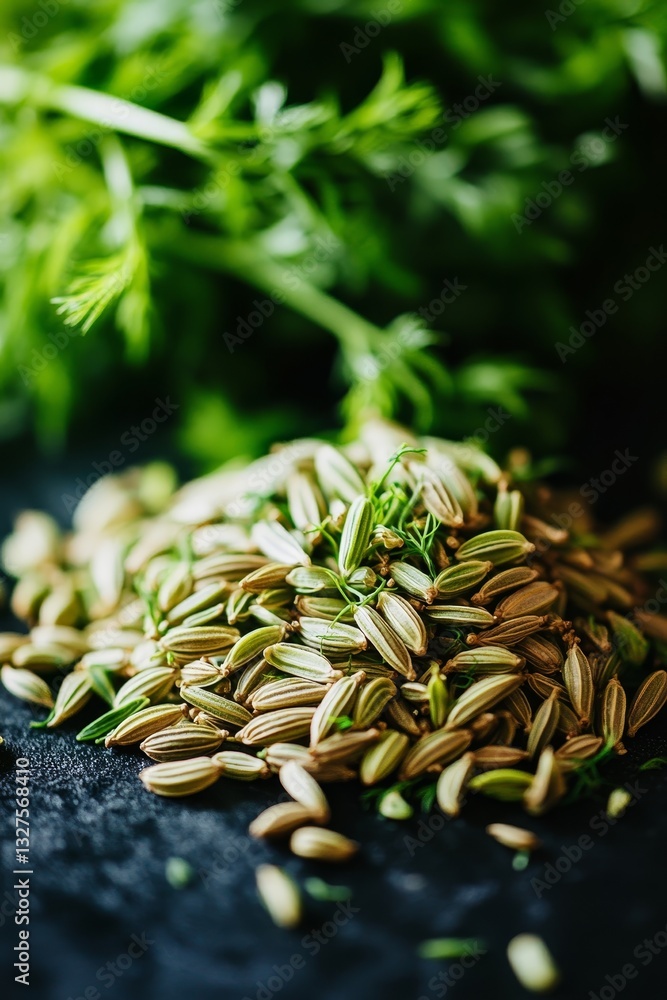 Obraz premium A heap of fennel seeds on a dark surface, surrounded by fresh green fennel fronds in the background
