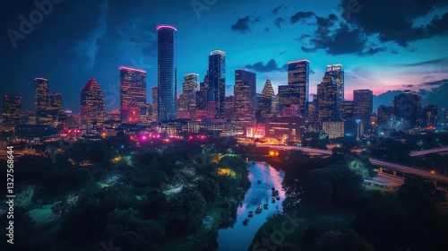 Houston Skyline Night Cityscape Illuminates River