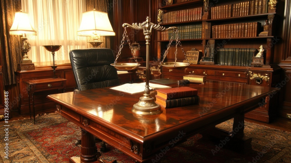 Elegant Law Office With Scales Books And Furniture Elegant Law Office With Scales Books And Furniture
