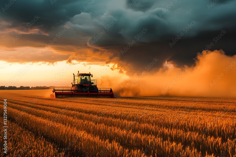 Tractor is driving through a field of grain. The sky is cloudy and the sun is setting Tractor is driving through a field of grain. The sky is cloudy and the sun is setting
