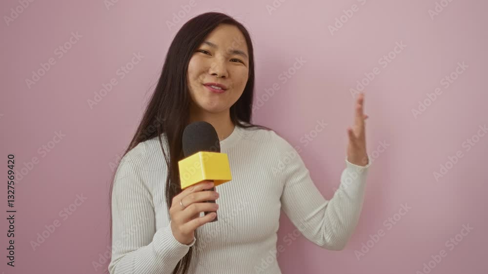 Woman speaking into microphone against a pink background showcasing an expressive and engaging presentation. Woman speaking into microphone against a pink background showcasing an expressive and engaging presentation.