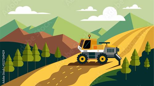 Thanks to its compact size and advanced maneuvering capabilities the robotic harvester can easily navigate steep slopes and terrains making it suitable for a variety of vineyard. Vector illustration