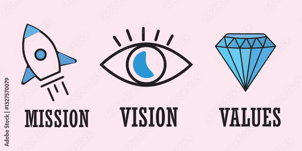 Obraz premium Mission, vision and values of business company. Target goal, global view and scales icons. Success template. Mission purpose flag, leader global vision and core value.
