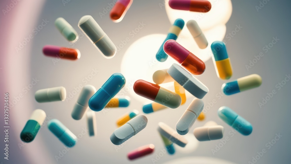 Slow Motion Capture Of Various Medical Pills And Capsules Thrown Into The Air, Isolated On Black Background, Showcasing A Dynamic Explosion Of Brown, White, And Yellow Medicines In Flight. Slow Motion Capture Of Various Medical Pills And Capsules Thrown Into The Air, Isolated On Black Background, Showcasing A Dynamic Explosion Of Brown, White, And Yellow Medicines In Flight.