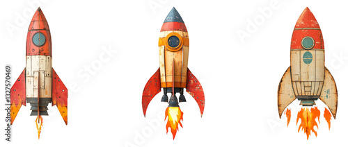 Vintage Rocket Set Isolated on Transparent Background for Design Use
