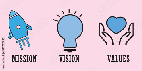 Vision, mission and values editable stroke outline icons set isolated on white background flat vector illustration