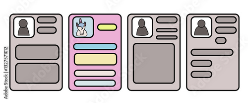Four resumes next to each other, three similar and colourless, one colourful of the unicorn. Concept of finding the right candidate. 