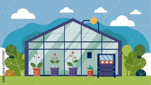 The control system then adjusts the ventilation and cooling systems accordingly maintaining a consistent temperature within the greenhouse.. Vector illustration