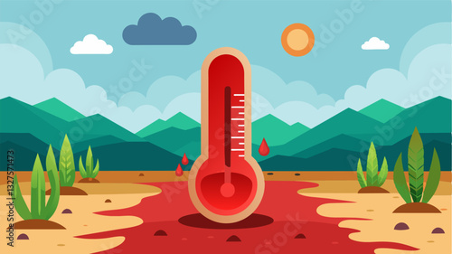 The red liquid inside the thermometer seemed to be boiling reflecting the dangerous heat that was cooking the oncevibrant crops into a sad and shriveled state.. Vector illustration