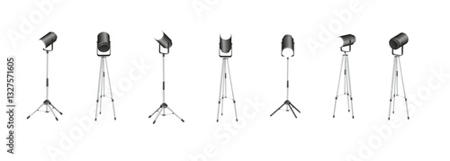 Spotlights set, stage and studio light, realistic hanging lamps. Spot lights and searchlights for concert. Vector