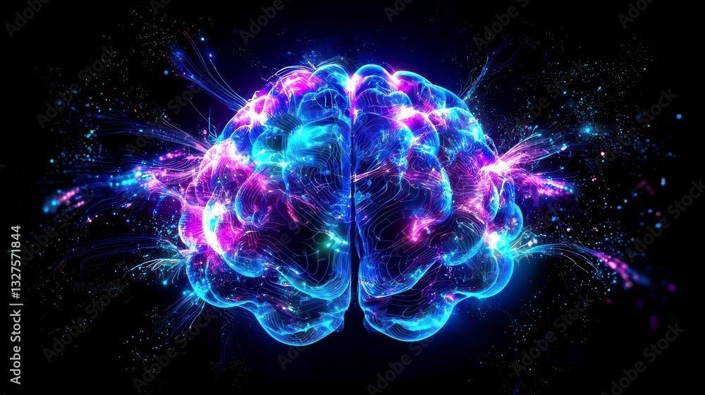 Brain's Digital Symphony: A vivid, artistic rendering of a human brain awash in a cascade of vibrant colors, pulsating with energy and interconnected pathways, symbolizing the power of thought. Brain's Digital Symphony: A vivid, artistic rendering of a human brain awash in a cascade of vibrant colors, pulsating with energy and interconnected pathways, symbolizing the power of thought.