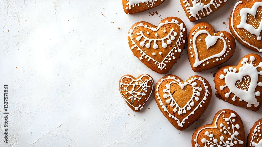 Gingerbread hearts decorated with icing on white Gingerbread hearts decorated with icing on white