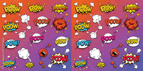 Comic boom cartoon A vibrant collection of comic-themed cartoon elements featuring bold lines and dynamic designs. This set includes comic speech bubbles with expressive texts like pow and boom,