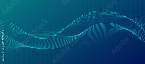 Flowing particle wave lines and wavy dot patterns on green and blue abstract background with technology light effects. Digital technology, future innovation, big data, internet network.