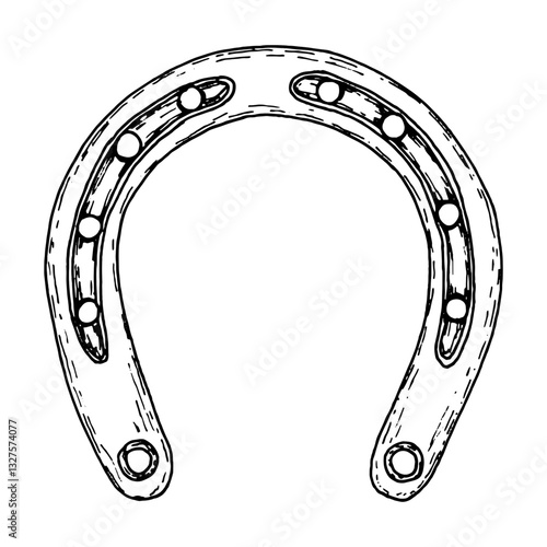 Hand-drawn black and white illustration of a traditional horseshoe, a classic good luck charm. Ideal for fortune symbols, Irish folklore, St. Patrick s Day, rustic designs, and mystical-themed