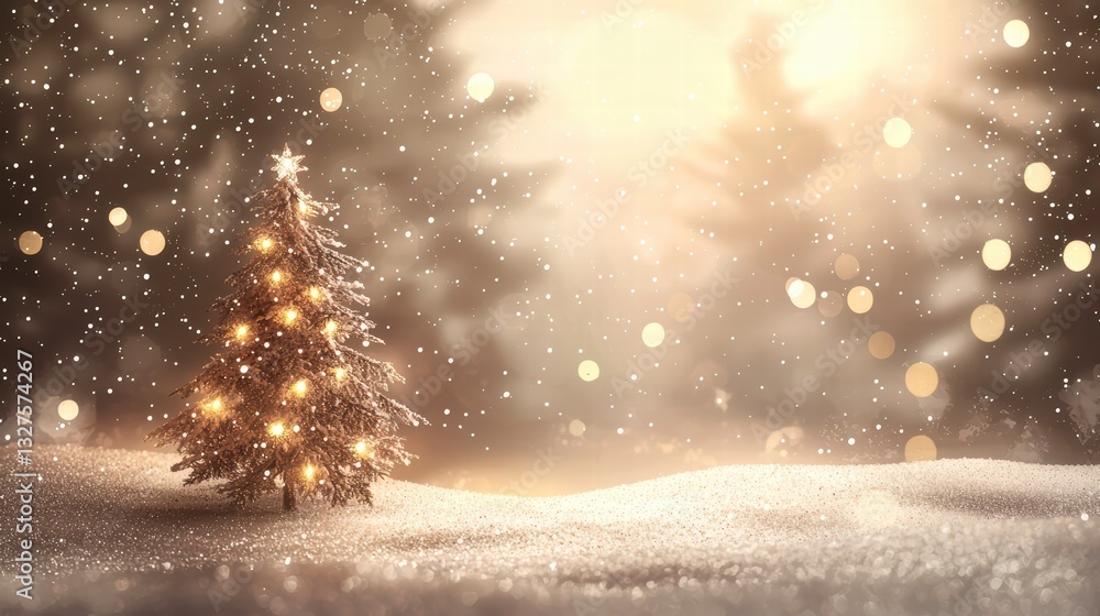 Naklejka premium Winter Wonderland Christmas Tree: A beautifully decorated Christmas tree standing in a snow-covered winter wonderland, illuminated with festive lights and a star.