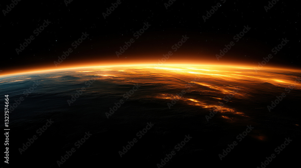 A glowing orange arc at the edge. This is a close-up shot that focuses on detail, capturing the ethereal glow of Earth's atmosphere against the vast darkness of space. A glowing orange arc at the edge. This is a close-up shot that focuses on detail, capturing the ethereal glow of Earth's atmosphere against the vast darkness of space.