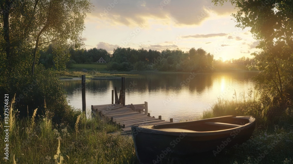 Calm lake scene at sunset with a boat and dock Calm lake scene at sunset with a boat and dock