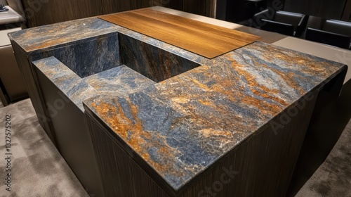 Modern kitchen island features a unique sink and wooden block