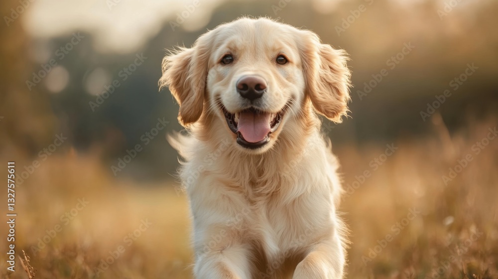 Playful golden retriever puppy energetically running through a sunlit grassy field during a warm afternoon Playful golden retriever puppy energetically running through a sunlit grassy field during a warm afternoon