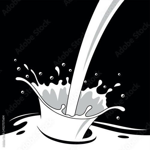  Splash of white milk liquid with water drop splashing in a clear glass, a food and drink illustration design
