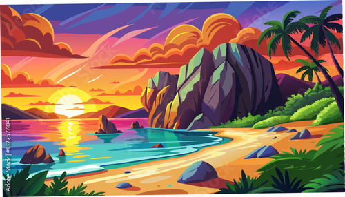 Tablou pe pânză Sunset panorama at Anse Source d'Argent beach, La Digue, Seychelles