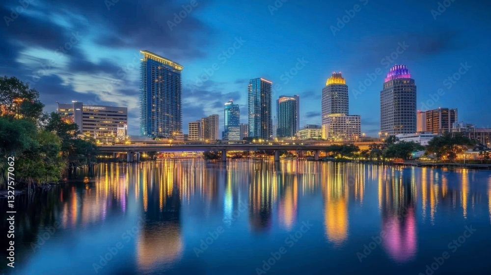 Fototapeta premium Illuminated City Skyline Reflected in Calm Water at Night