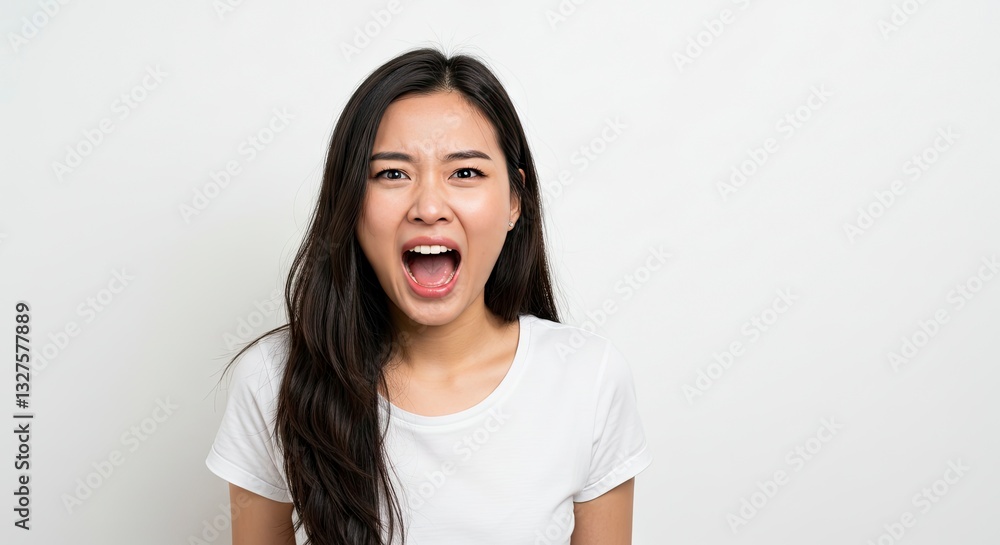 Asian Woman Screaming in Anger or Shock Against White Background Asian Woman Screaming in Anger or Shock Against White Background