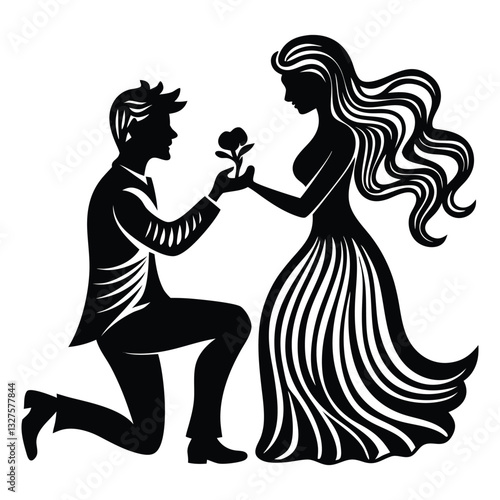 Proposal silhouette vector illustration, Silhouette of a romantic couple with a boy proposing to a girl holding a rose