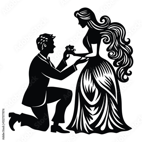 Proposal silhouette vector illustration, Silhouette of a romantic couple with a boy proposing to a girl