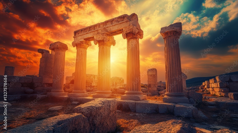 Fototapeta premium Ancient ruins stand tall illuminated by a dramatic sunset