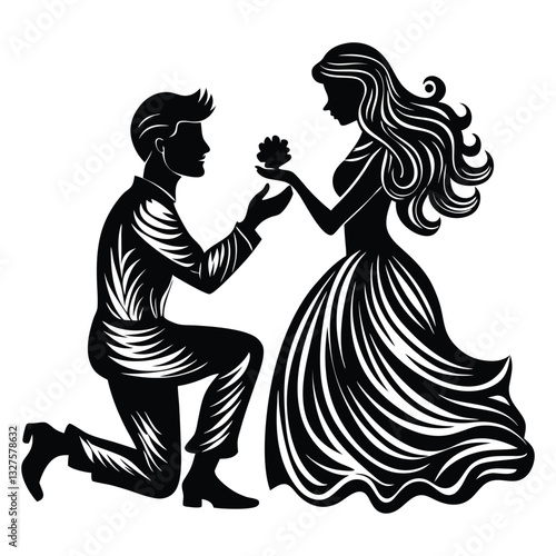 Proposal silhouette vector illustration, Silhouette of a romantic couple with a boy proposing to a girl holding a rose
