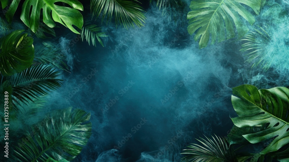 Obraz premium Lush Tropical Leaves Enveloped In Misty Vapor